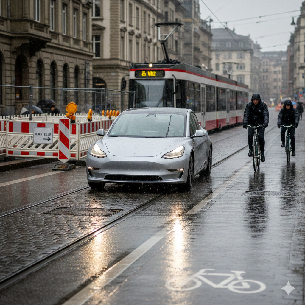 Un Tesla en un entorno urbano europeo, cámaras “leyendo” señales y ciclistas