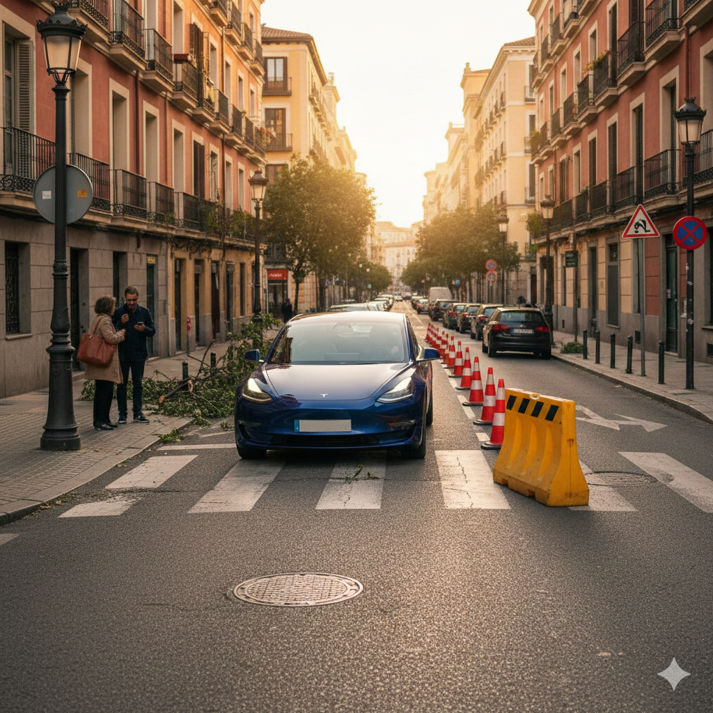 Un Tesla recorriendo una calle madrileña al atardecer, con señalización temporal y peatones al fondo
