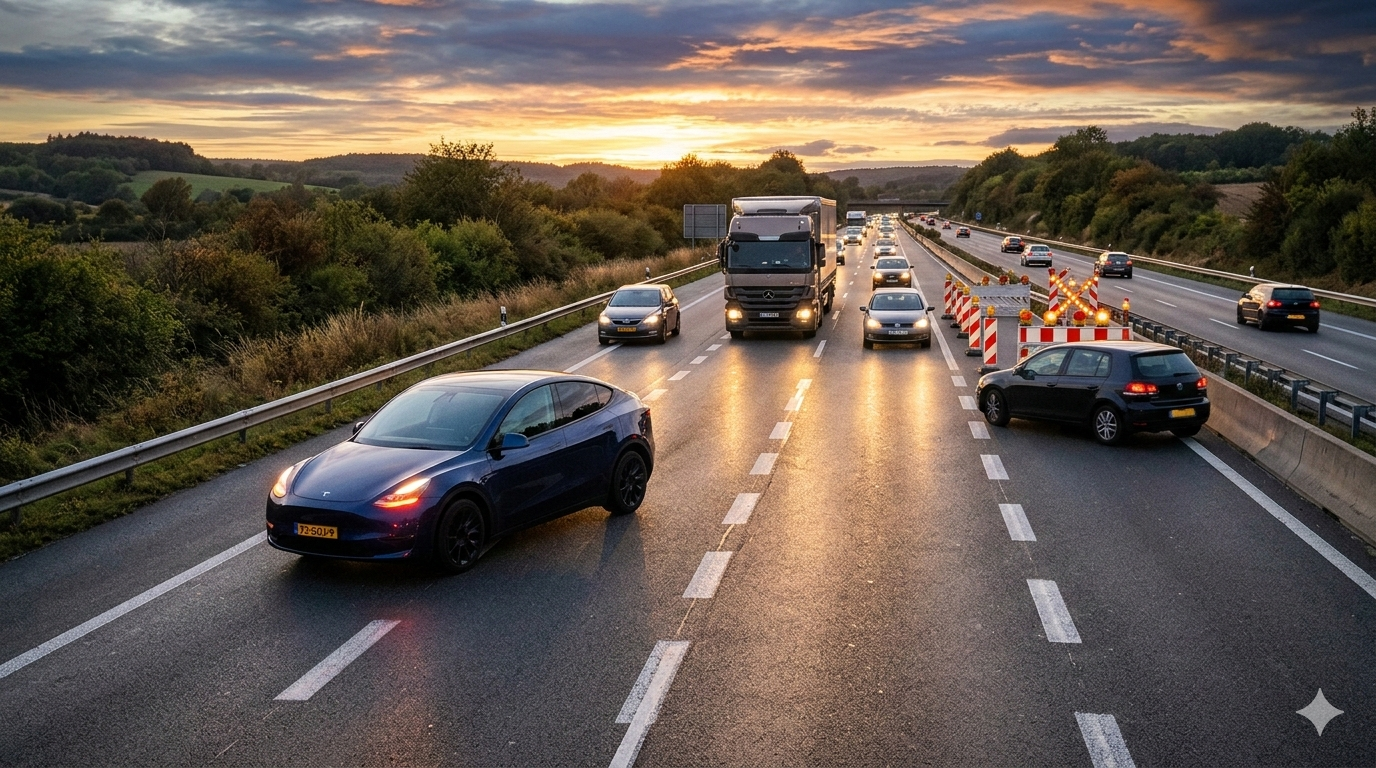 Tesla en autopista europea anticipando una maniobra de riesgo