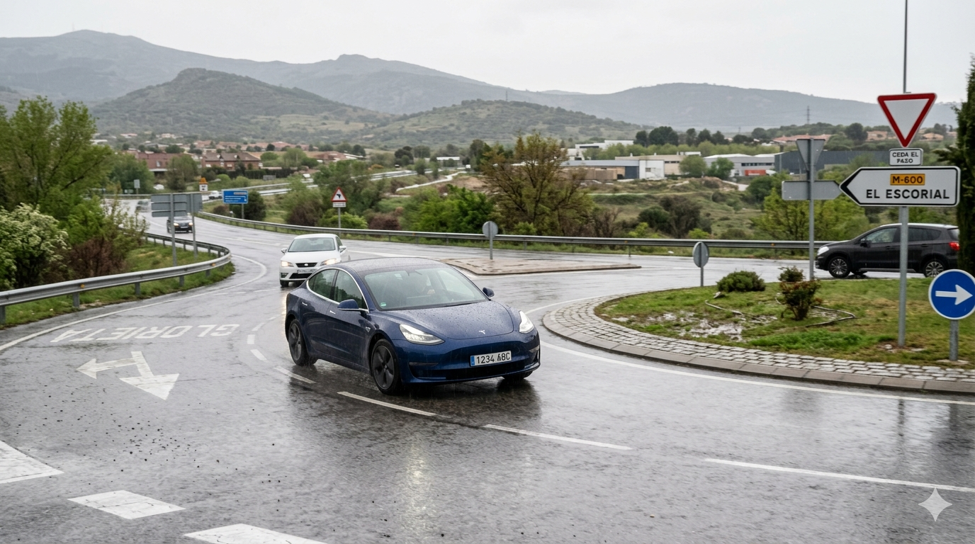Ilustración editorial de un Tesla Model 3 en una calle neerlandesa durante la fase final regulatoria de FSD