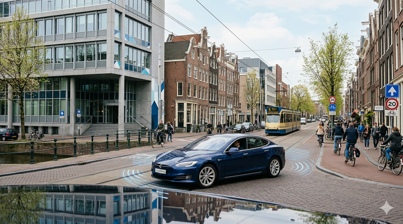 Ilustración editorial de un Tesla con FSD Supervised circulando por una calle neerlandesa bajo supervisión regulatoria