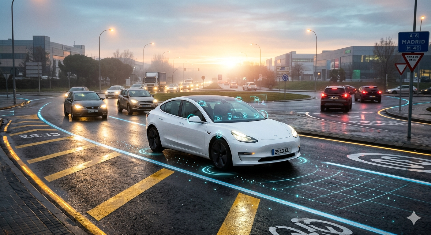Tesla circulando por una rotonda española mojada al amanecer, con referencias visuales de asistencia a la conducción