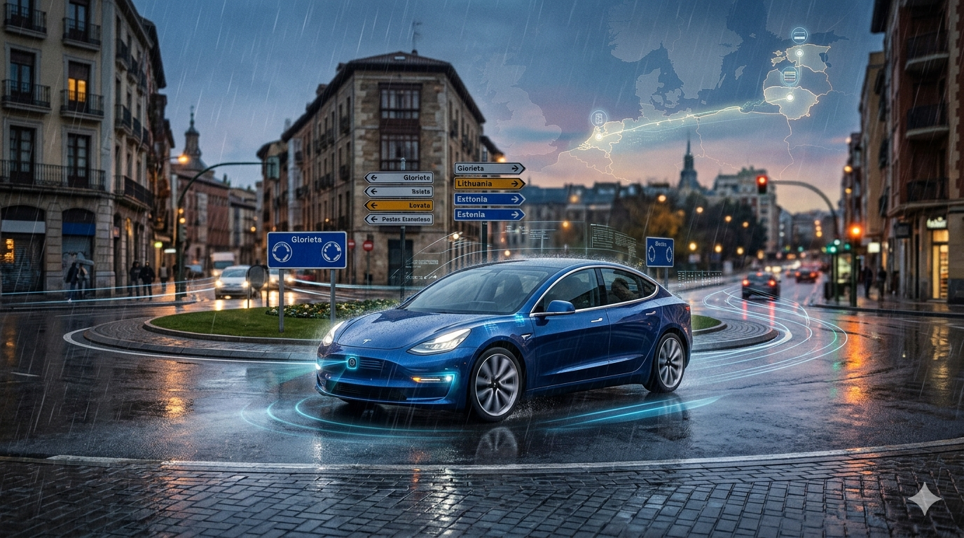 Ilustración editorial de un Tesla con FSD circulando por una rotonda europea bajo lluvia, con referencias visuales a España y al corredor báltico