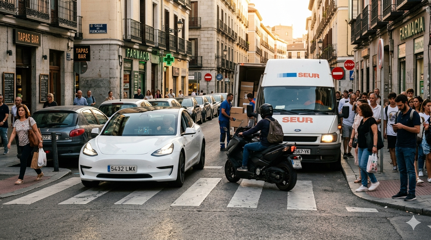 Ilustración editorial de un Tesla con FSD aproximándose a una zona de carga caótica en una calle española, con motos, peatones y doble fila