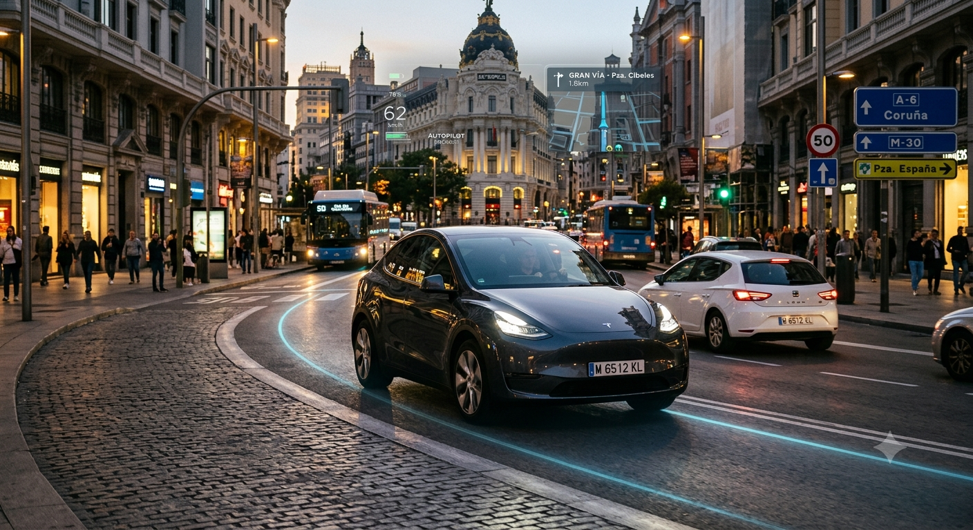 Tesla circulando por una avenida española con una ruta azul de conducción asistida superpuesta