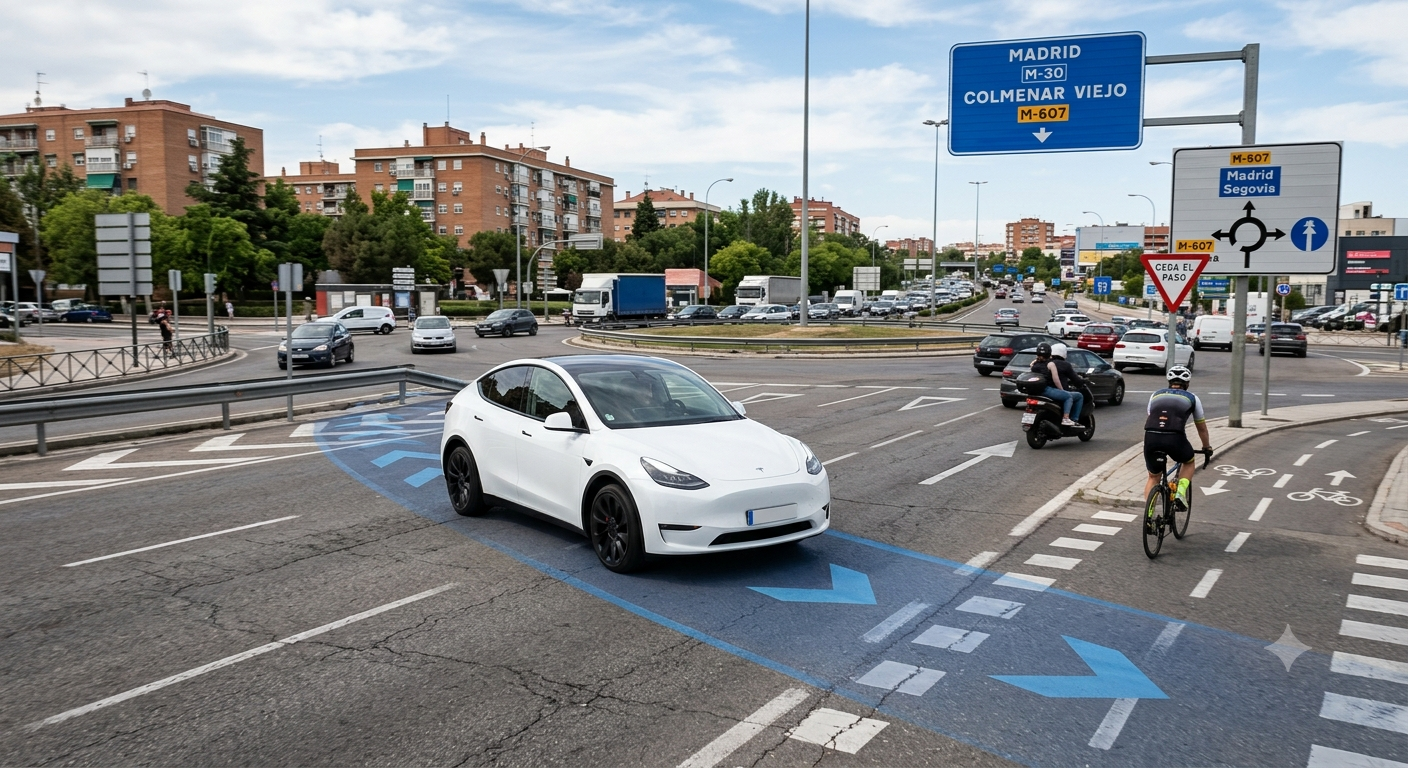 Tesla aproximándose a una rotonda urbana española con una trayectoria azul de asistencia FSD superpuesta