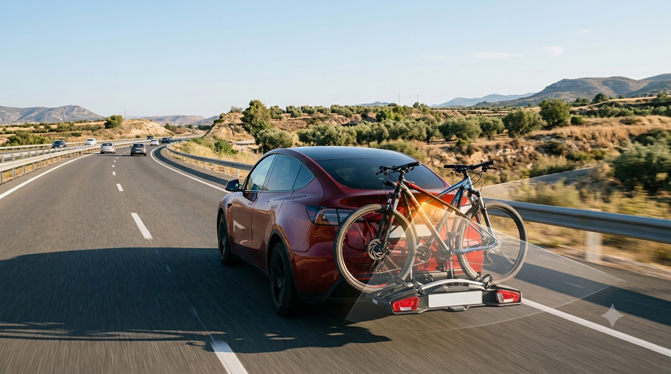 Tesla viajando por una autovía española con dos bicicletas que interfieren en el campo de visión de la cámara trasera