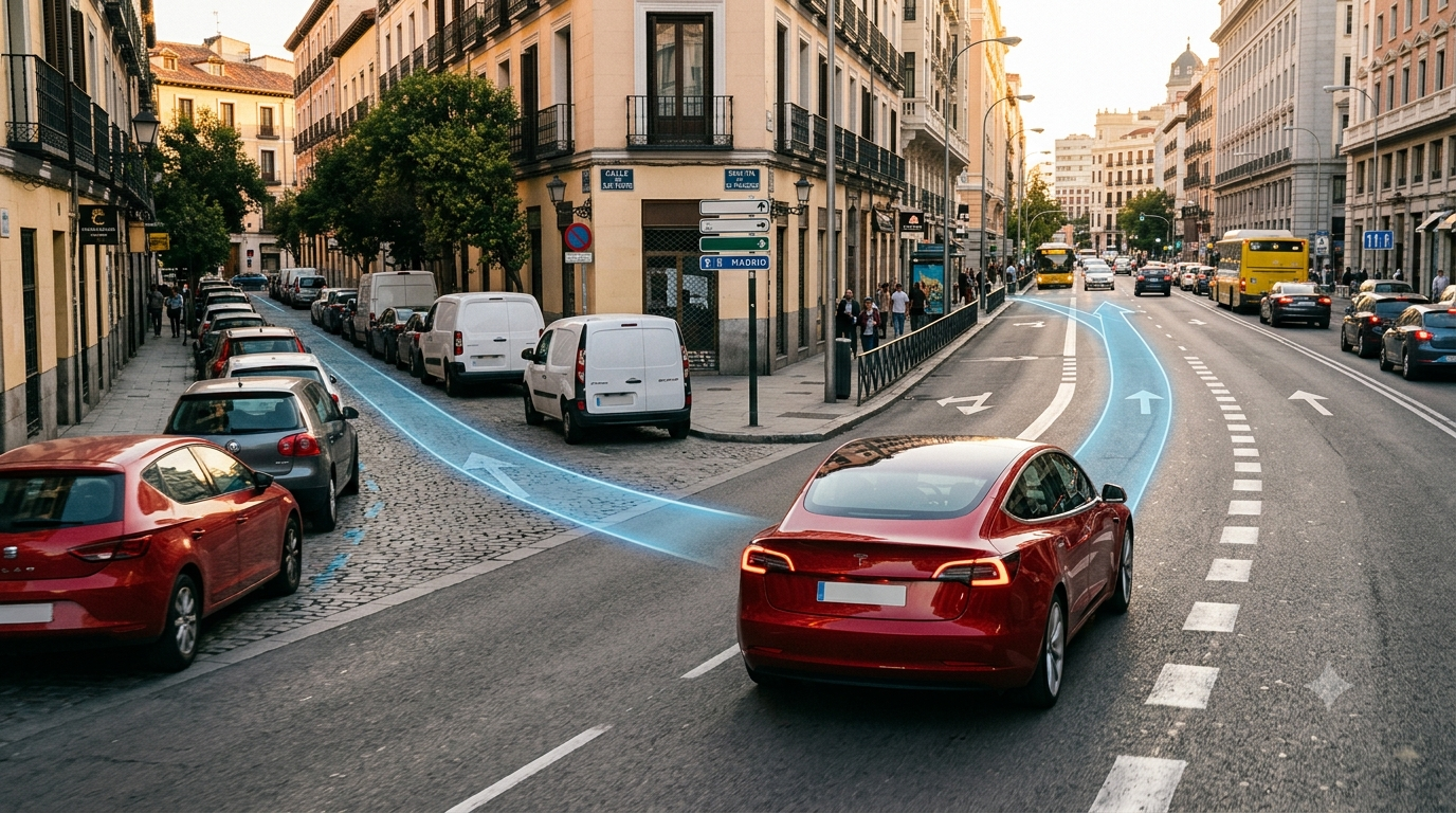 Un Tesla ante dos rutas urbanas en Madrid: una calle estrecha y una avenida amplia
