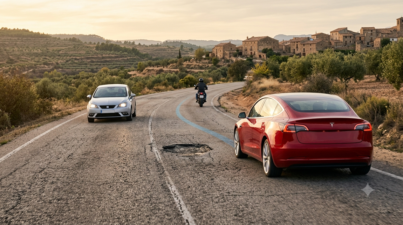 Un Tesla se aproxima a un bache en una carretera española mientras comparte la escena con una moto y un vehículo en sentido contrario
