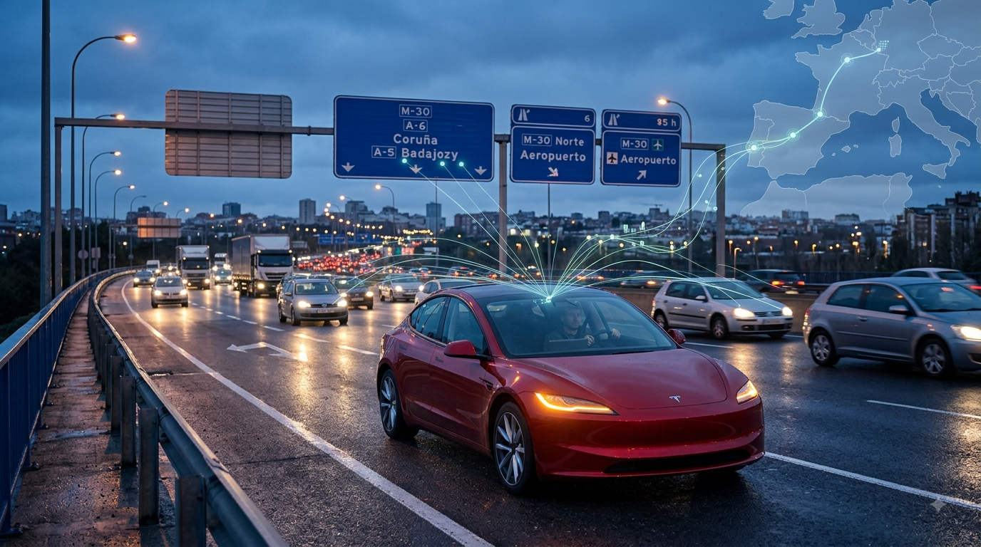 Tesla con FSD supervisado circulando por la M-30 bajo la lluvia mientras la telemetría conecta la escena con Europa