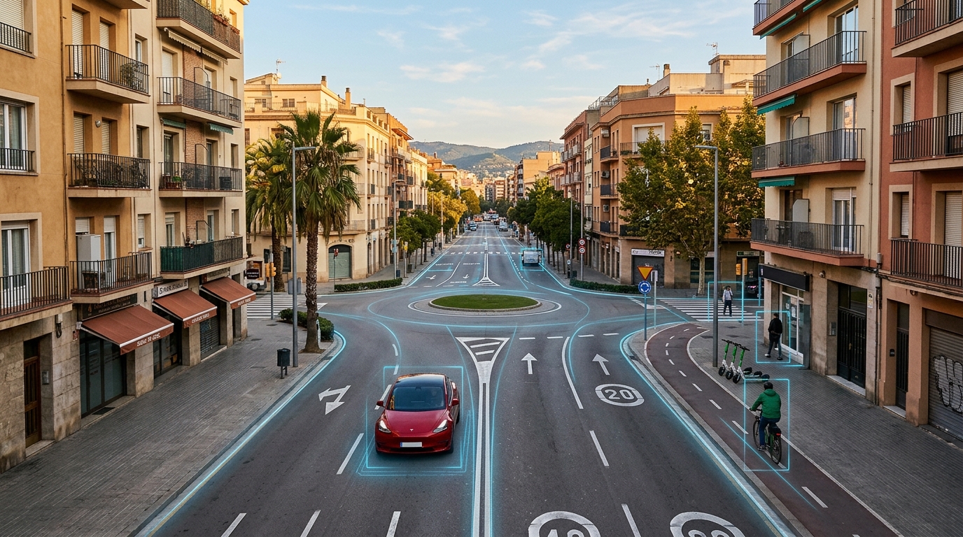 Tesla con conducción supervisada acercándose a una rotonda urbana de Sabadell mientras identifica carriles y usuarios vulnerables