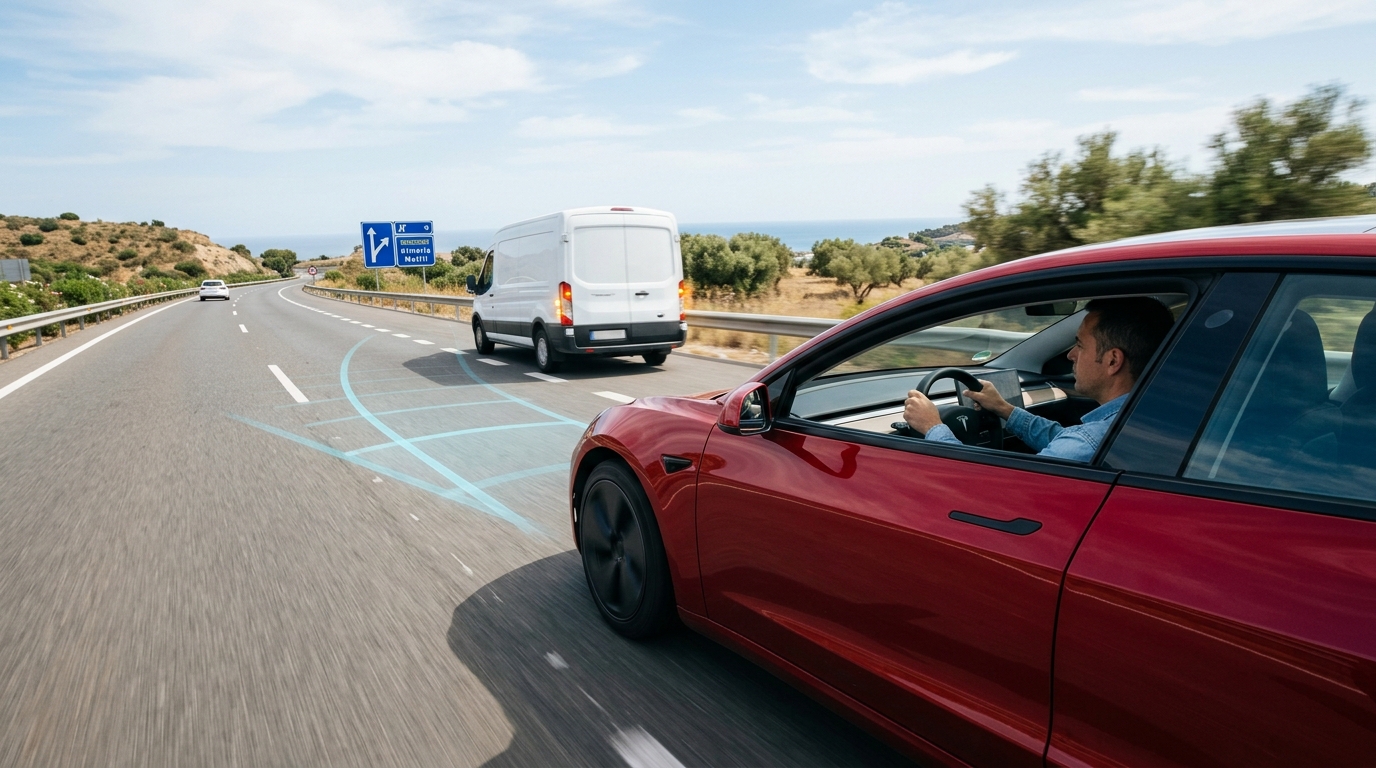 Tesla en una carretera española mientras el sistema representa una trayectoria evasiva ante un vehículo situado delante