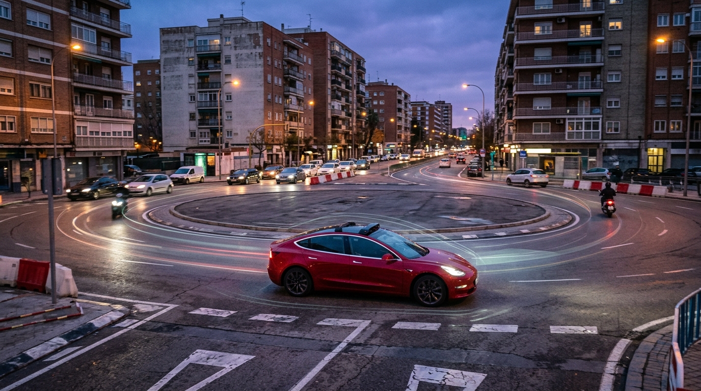 Tesla circulando por una rotonda urbana española mientras una actualización de su red neuronal modifica su comportamiento