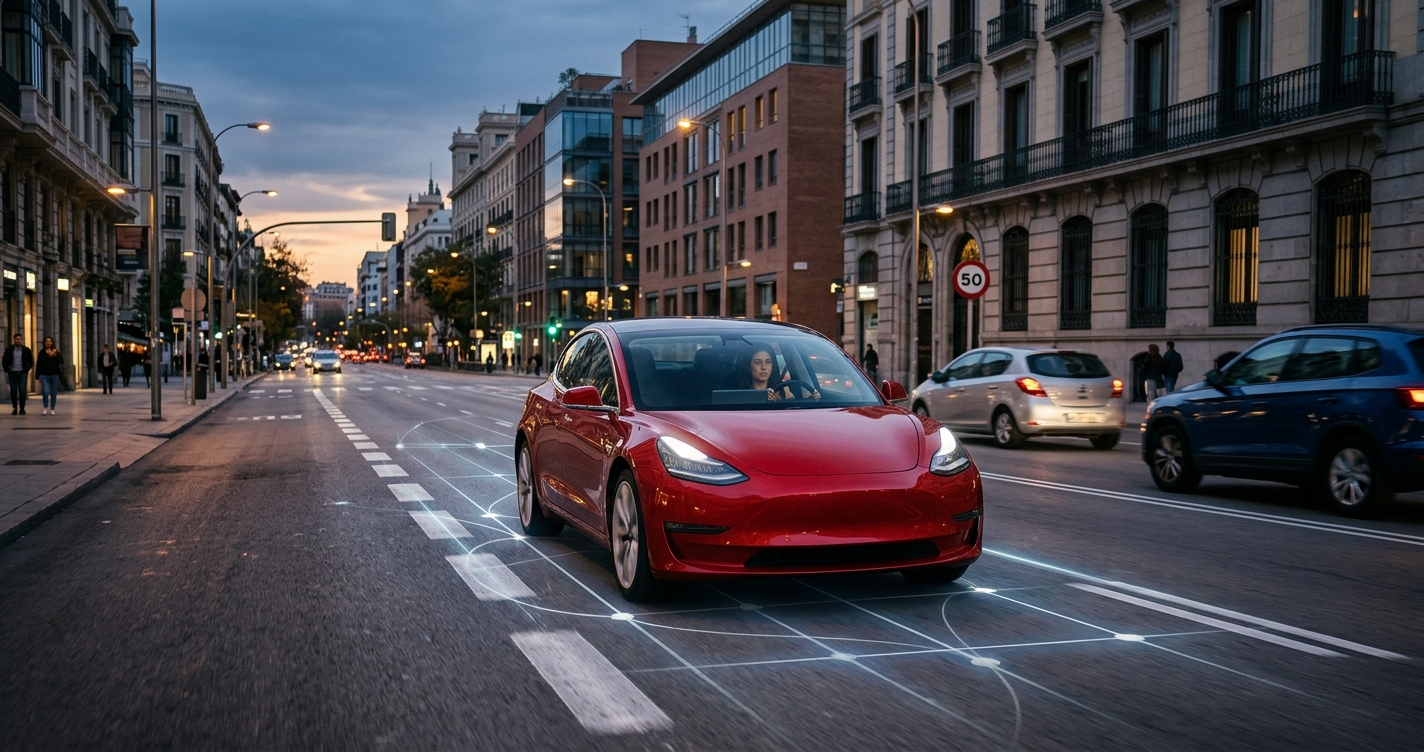 Turismo eléctrico con asistencia avanzada ante una señal de 50 km/h en una avenida española
