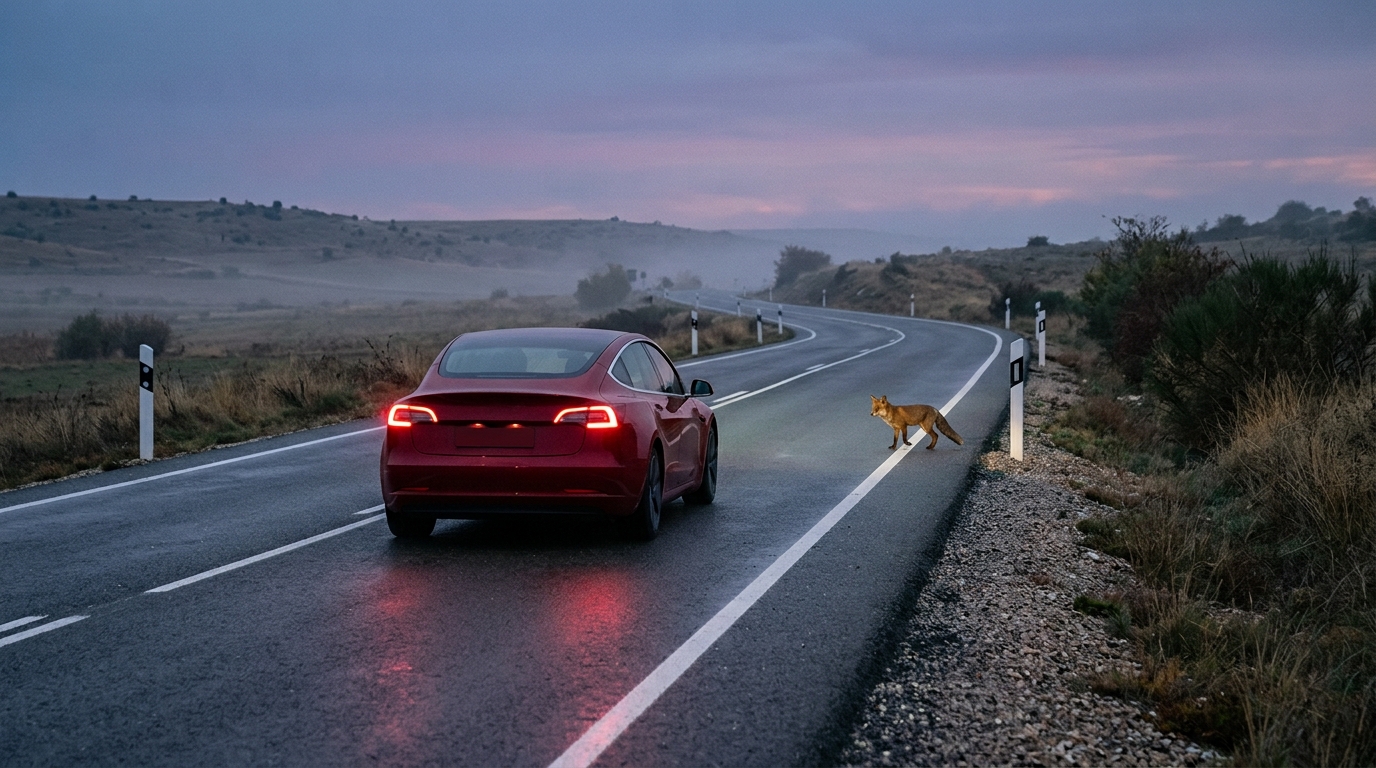 Turismo eléctrico frenando ante un zorro en una carretera convencional española al anochecer