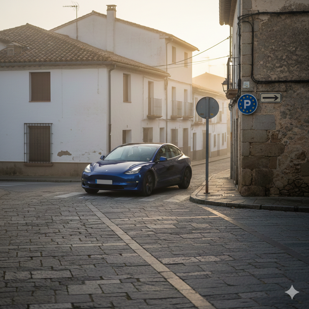 Tesla FSD ante una intersección sin señalizar en un pueblo español